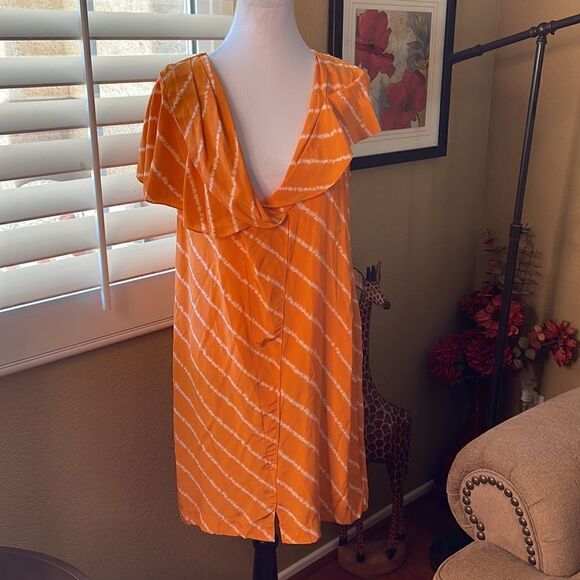 BCBGMAXAZRIA Draped Silk Dress in Striped Citrus, SZ M - Picture 2 of 10